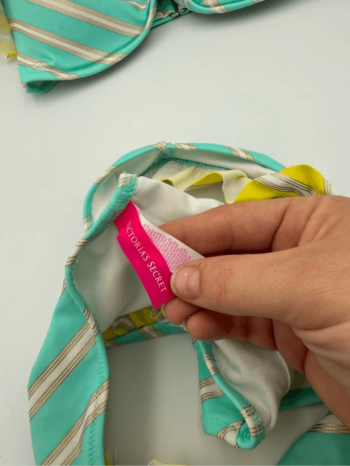 Conjunto de bikini Victoria's Secret para mujer azul metálico a rayas bandeau acolchado talla Foto 3 de 4