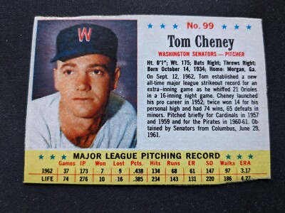 1963 Post Cereal Baseball Card # 99 Tom Cheney - Washington Senators (VG)