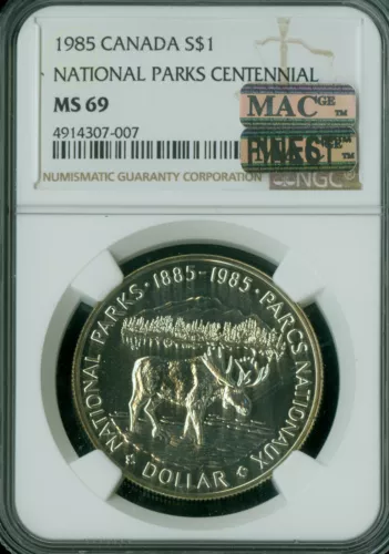 1985 CANADA SILVER DOLLAR NGC MS69 PQ MAC FINEST GRADED SPOTLESS .