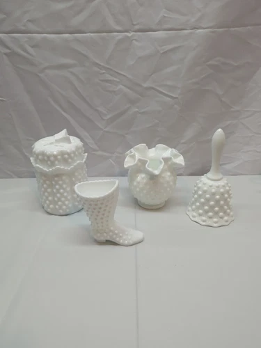 Set of 4 Vintage Fenton White Hobnail Milk Glass Bell, Boot, Jar And Vase