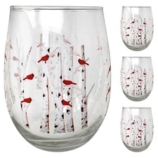 Cardinal Stemless Wine Glasses - Cardinals Perched on White Birch Trees #6073