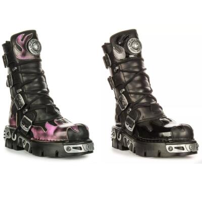 Newrock 591 Reactor 90S Flame Print 4 Buckles Womens Boot Black