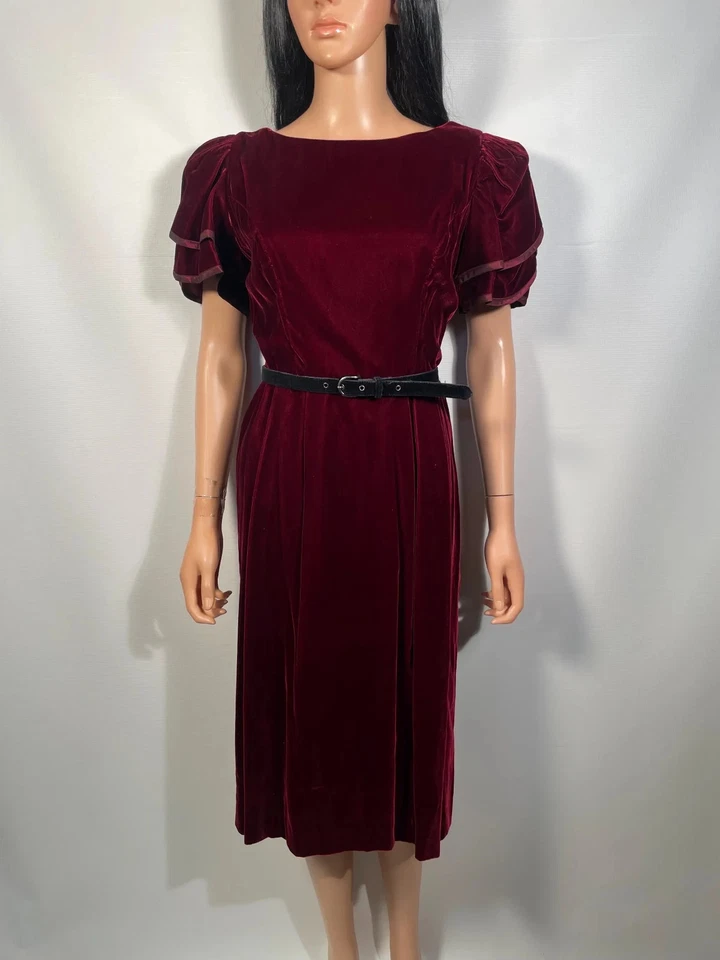 Vintage 80s Lanz Burgundy Velvet Puff Sleeve Holiday Party Dress Size S/M - Image 2 of 4