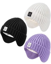 3 Pack Baby Beanie Hats with Earflaps, 2 Size Baby Winter Hat for Newborn Inf...
