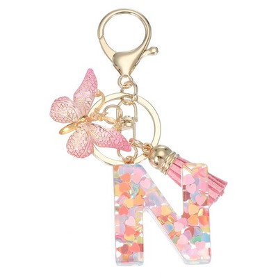 Alphabet Initial Letter Keychain Cute Charm with Tassel Butterfly Letter N Pink