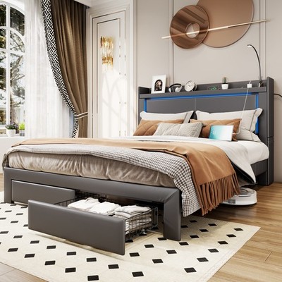 Queen Bed Frame with Headboard, Bed with LED Lights and Charging Station, Grey