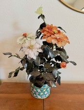 Chinese Jade Flower Centerpiece Nephrite, Carnelian & Rose Quartz Cloisonné LG