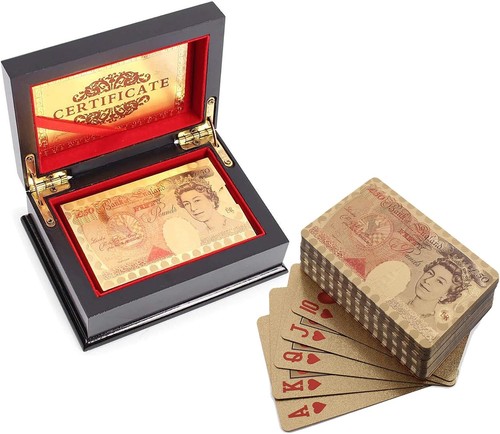 24K Gold Plated £50 & $100 Playing Cards Poker Deck Wooden Gift Box
