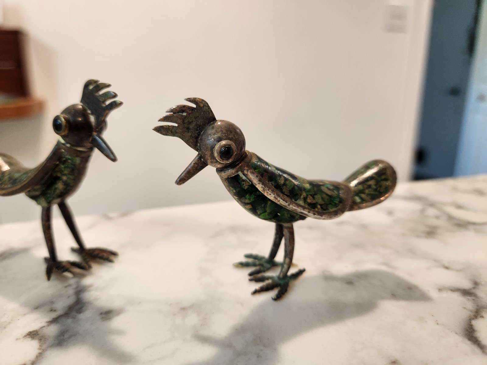 Vintage Los Castillo Mexican Bird Silver Malachite Roadrunner Figure