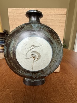 Japanese Mashiko Studio Pottery Moon Flask Vase Egret Ken Matsuzaki 松崎健 Japan