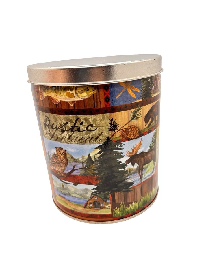 Rustic Retreat Cabin Lodge 6" TIN Canister Round - Owl, Moose, Bear, Deer, Trout - Image 3 of 4