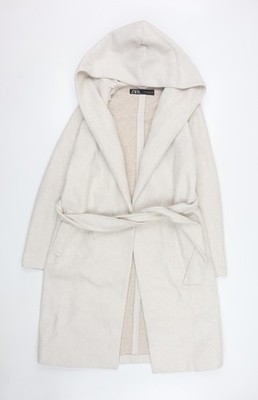 Zara Damen Elfenbein Wollmischung Kapuze Gürtel Coatigan XS