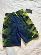 Nike Boys' Small Swim Trunks Blue Green Striped Geometric Swimsuit Shorts NWT