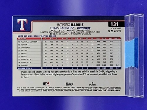 Dustin Harris 2025 Topps Chrome Purple RayWave Refractor RC SP 218/250 🔥Rangers - Picture 2 of 2