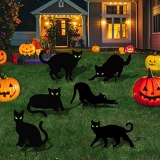 6 Pcs Halloween Black Cat Yard Signs, with Stakes, 15x12 inches, black