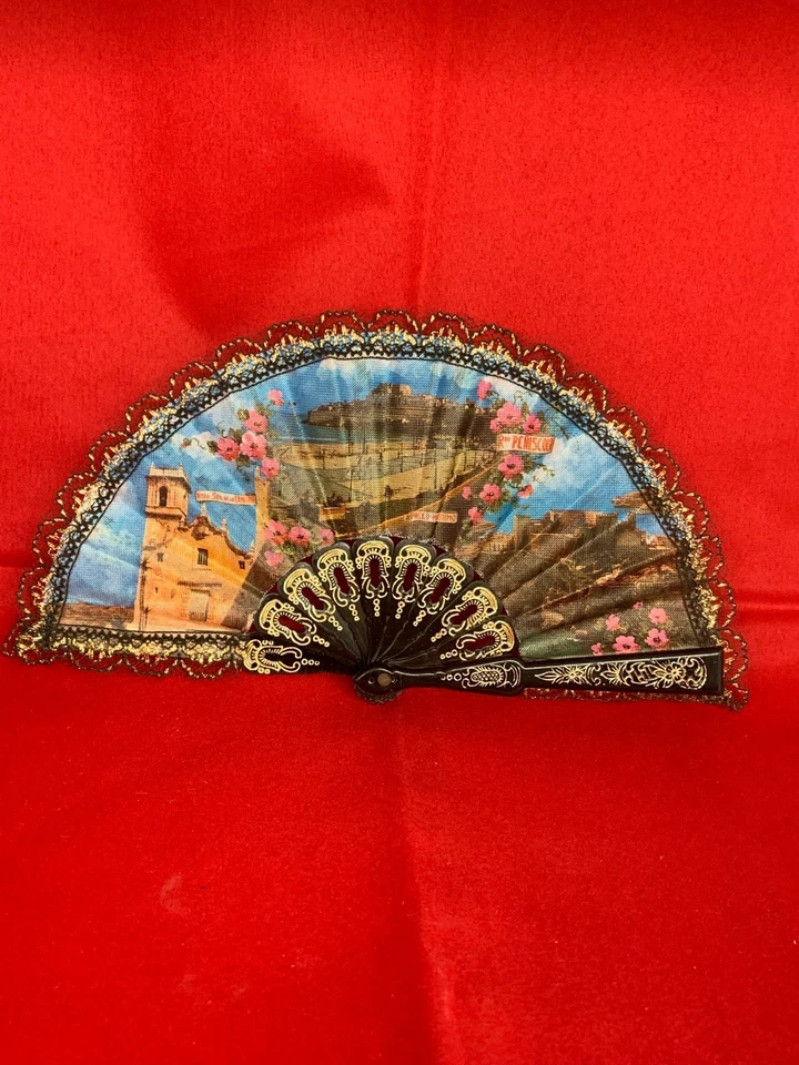 SPANISH FAN WITH PEÑISCOLA DECORATION VINTAGE ABANICO - Imagen 2 de 4