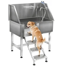 TOYANDONA  38" Stainless Steel Pet Grooming Tub Dog Bath Station & Stair Faucet