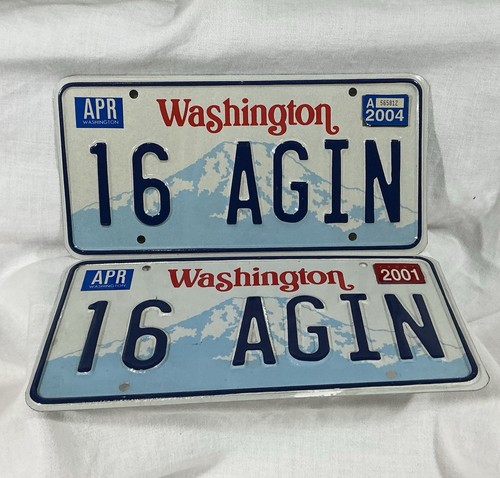 Pair " 16 AGIN " VINTAGE Washington State Embossed Vanity LICENSE PLATES Retro
