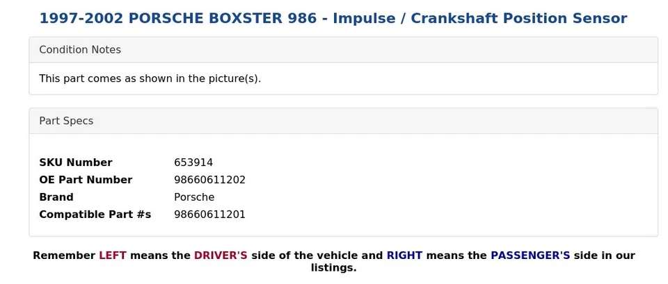 1997-2002 PORSCHE BOXSTER 986 - Sensor de posição de impulso/vibrequim - Imagem 4 de 4