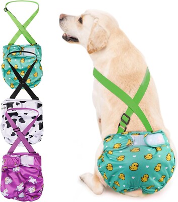 Avont 3 Pack Washable Female Dog Diaper with Suspender, Reusable Size Large