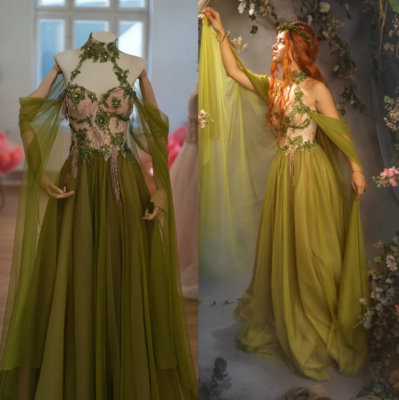 green victorian wedding dress Luxury One Shoulder Satin Beaded Evening Dress Emerald Green Mermaid P –  Frisco Dresses main image 0
