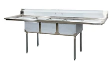 NSF 102" W Commercial 3 Compartment Sink, Stainless Steel 18 GA
