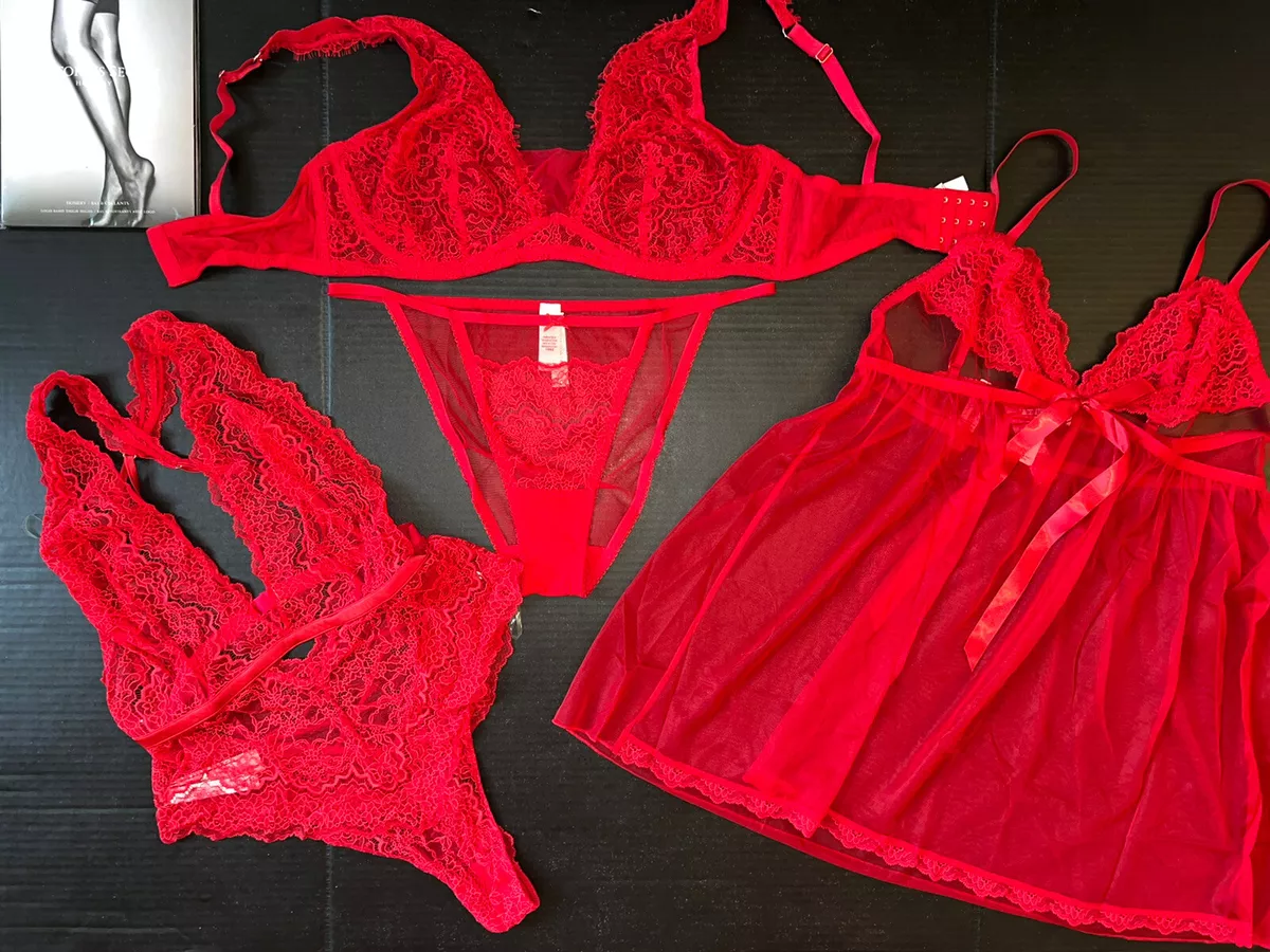 NWT Victoria's Secret unlined 38DD BRA SET panty+XXL BABYDOLL+XL TEDDY RED  lace