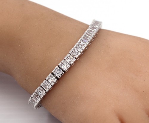 Emerald cut Tennis Bracelet channel setting 14k white gold over 925 - Picture 2 of 3