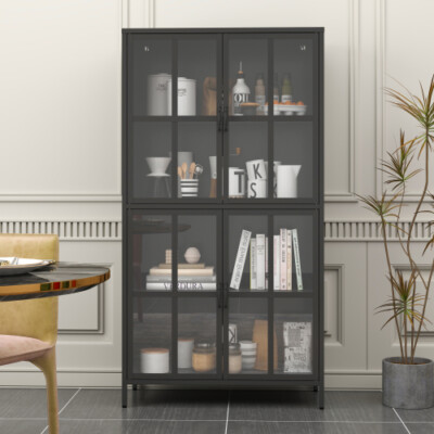 63'' H Metal Storage Cabine 4 Tempered Glass Doors 4 Shelves Garage Display Home
