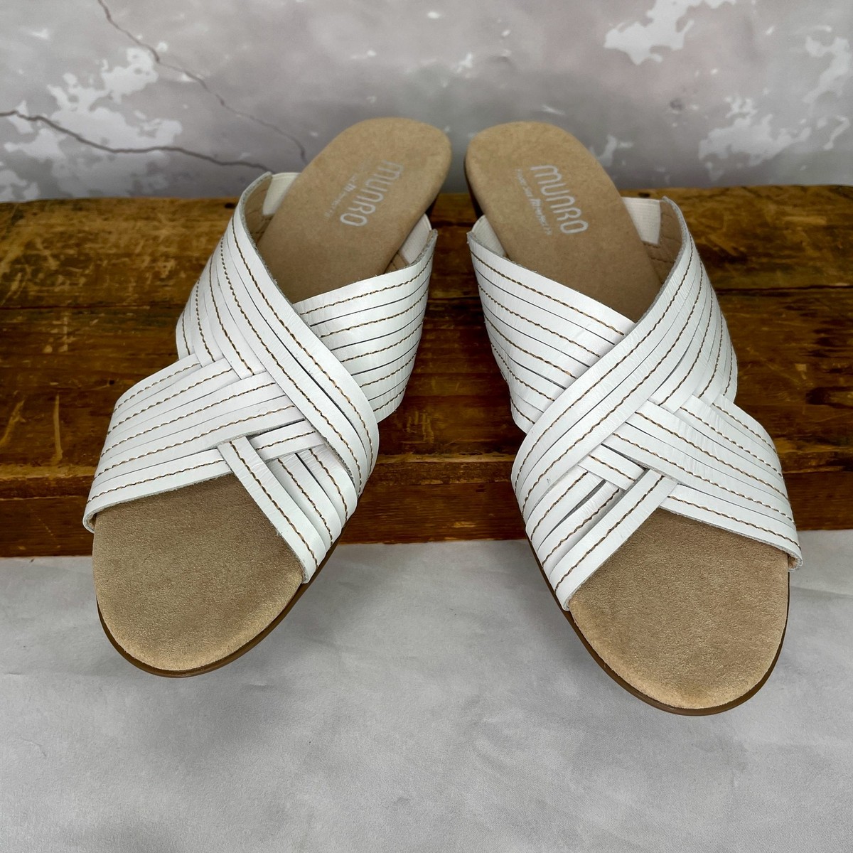 Munro White Leather Woven Slip On Kelsey Sandal NWT