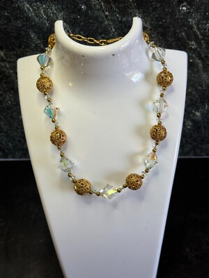 Vintage Choker with Gold Filigree and Aurora Borealis Beads C1950/1960