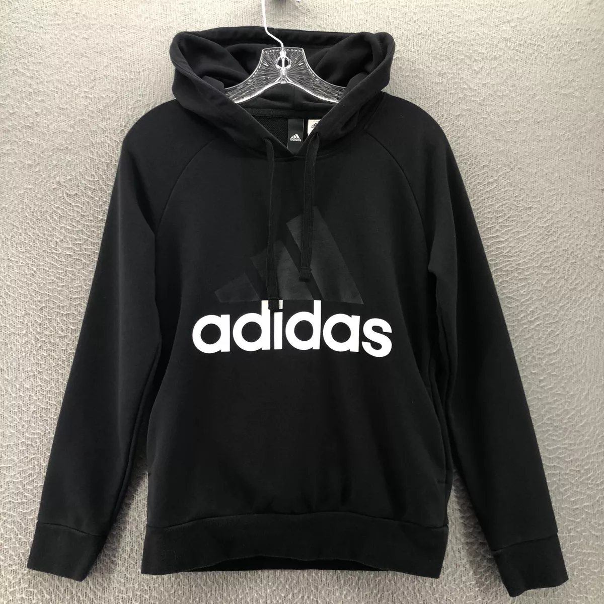 Adidas Womens Hoodie Black Small Pullover Sweatshirt Logo Spellout Sweater