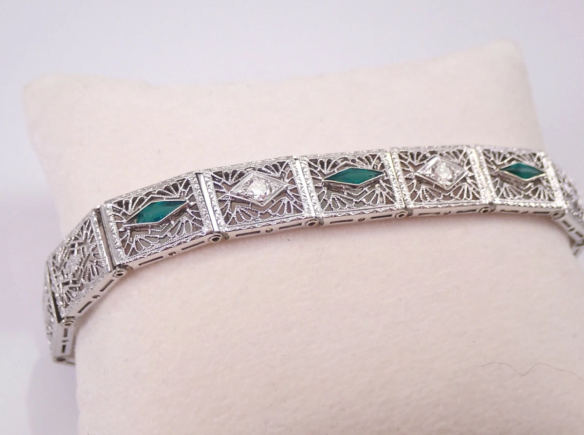 Antique Filigree Bracelet 14k White Gold Diamond and Emerald Art Deco Circa 1920