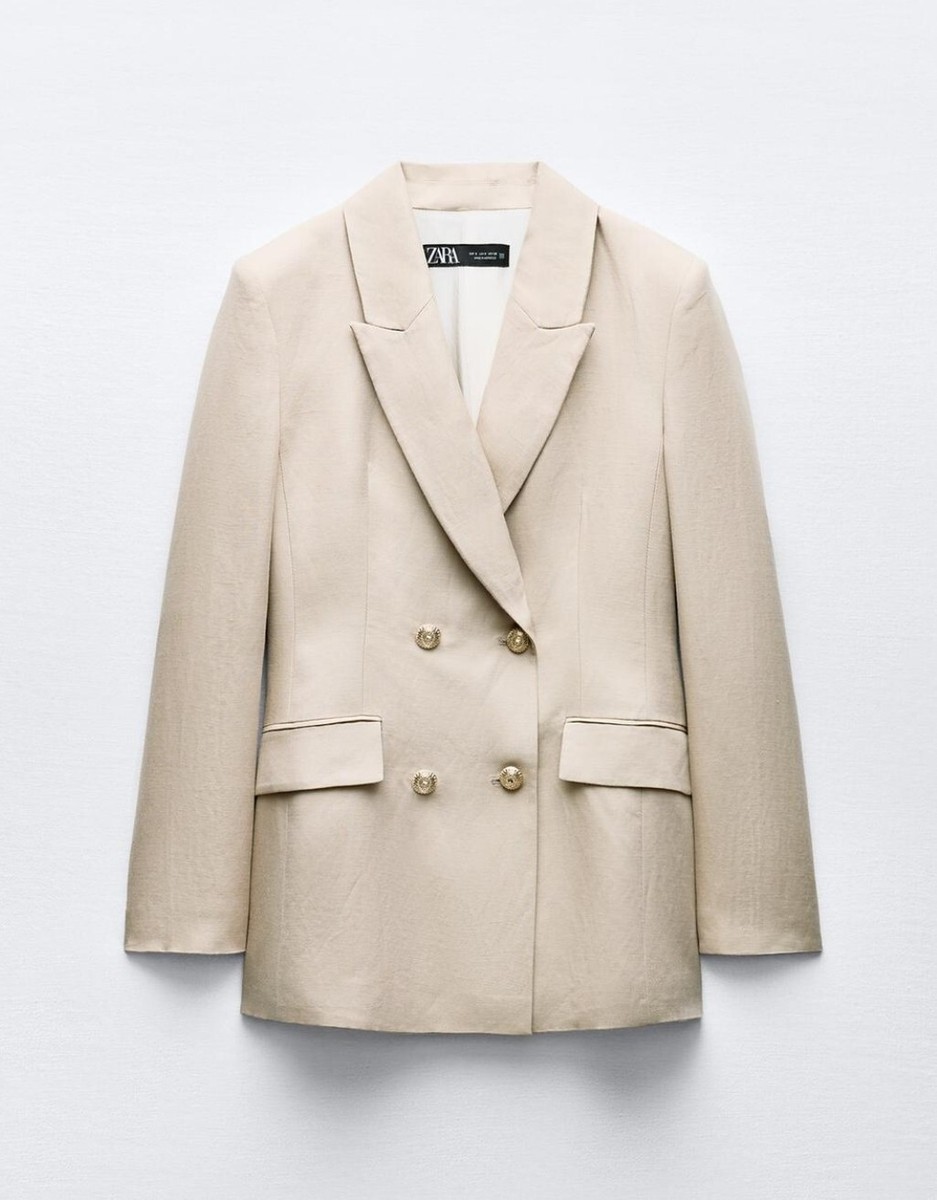 【値下げ】Double Breasted Classic Blazer ベージュ Zara Double Breasted Blazer Shoulder Pad Beige Linen Sz S Women's