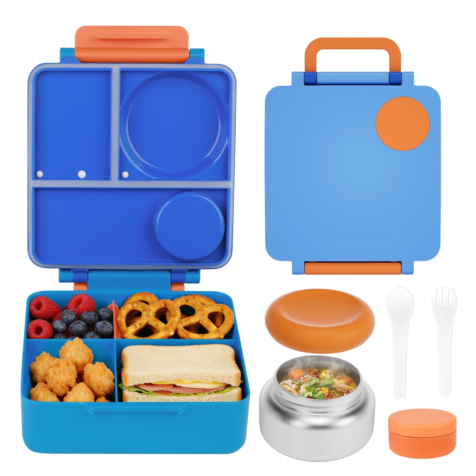 Juego de lonchera Bento con tarro de comida termo, contenedor de almuerzo de 4 secciones, taza de salsa