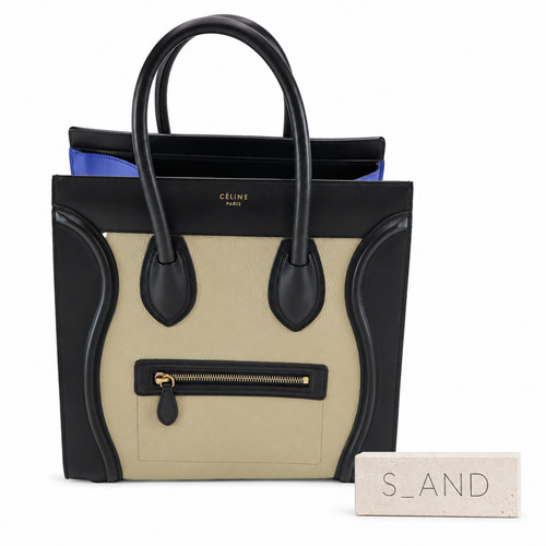 Auth CELINE Luggage Micro Shopper Leather Handbag Blue Black Ivory Beautiful
