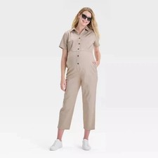 Short Sleeve Utility Maternity Jumpsuit - Maternity by Ingrid  Isabel beige