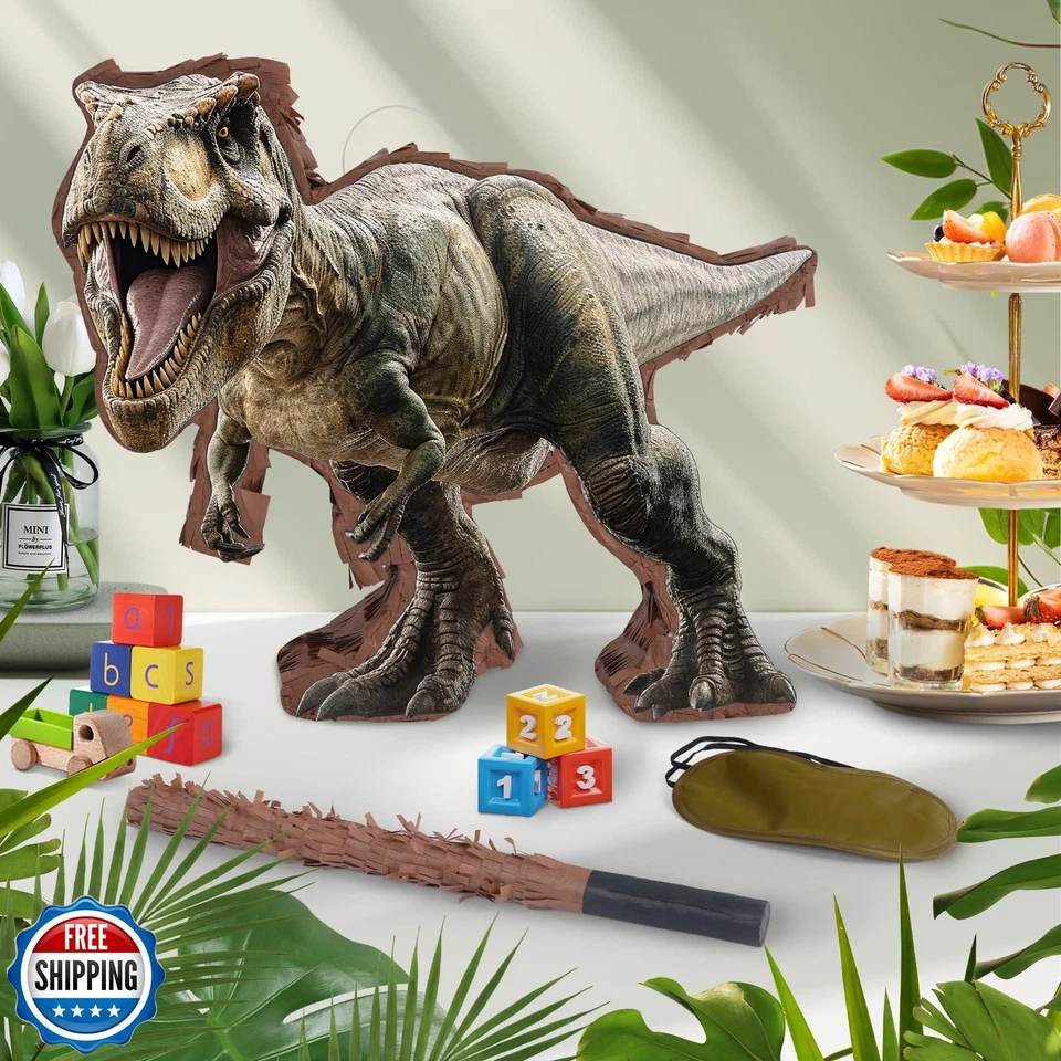 Piñata de dinosaurio - Pequeña piñata de dinosaurio de la selva con venda para los ojos y murciélago para niño Foto 4 de 4