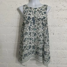 Max Studio Womens Top XL White Blue Floral Sleeveless Lined Keyhole Back BA5