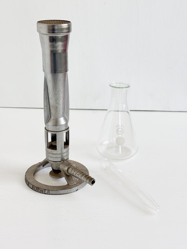 Vintage Fisher Bunsen Burner Pat. Jan 1913 1921 plus Glass Beaker and Test Tube