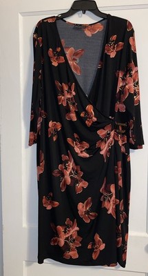 Connected Apparel Plus Floral Faux-Wrap Dress Black Wine Plus Size 18w 3/4 Sleev