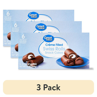 (3 pack) Great Value Creme Filled Swiss Rolls Snack Cakes, 13 oz, 6 Count