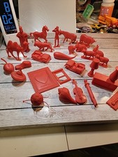 Lot of 28 Vintage 50s Mixed Red Plastic Toys Animals, Barn Yard And More