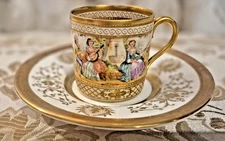 Dresden Ambrosius Lamm Raised Gold Encrusted Demitasse Tea Cup And Saucer Couple