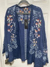 Womens 2XL Beautiful Blue Beach Blouse Embroidered Cardigan New NWT Made In USA