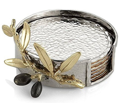 Michael Aram Olive Branch Coaster Set 6pc + Caddy Goldtone Black Enamel