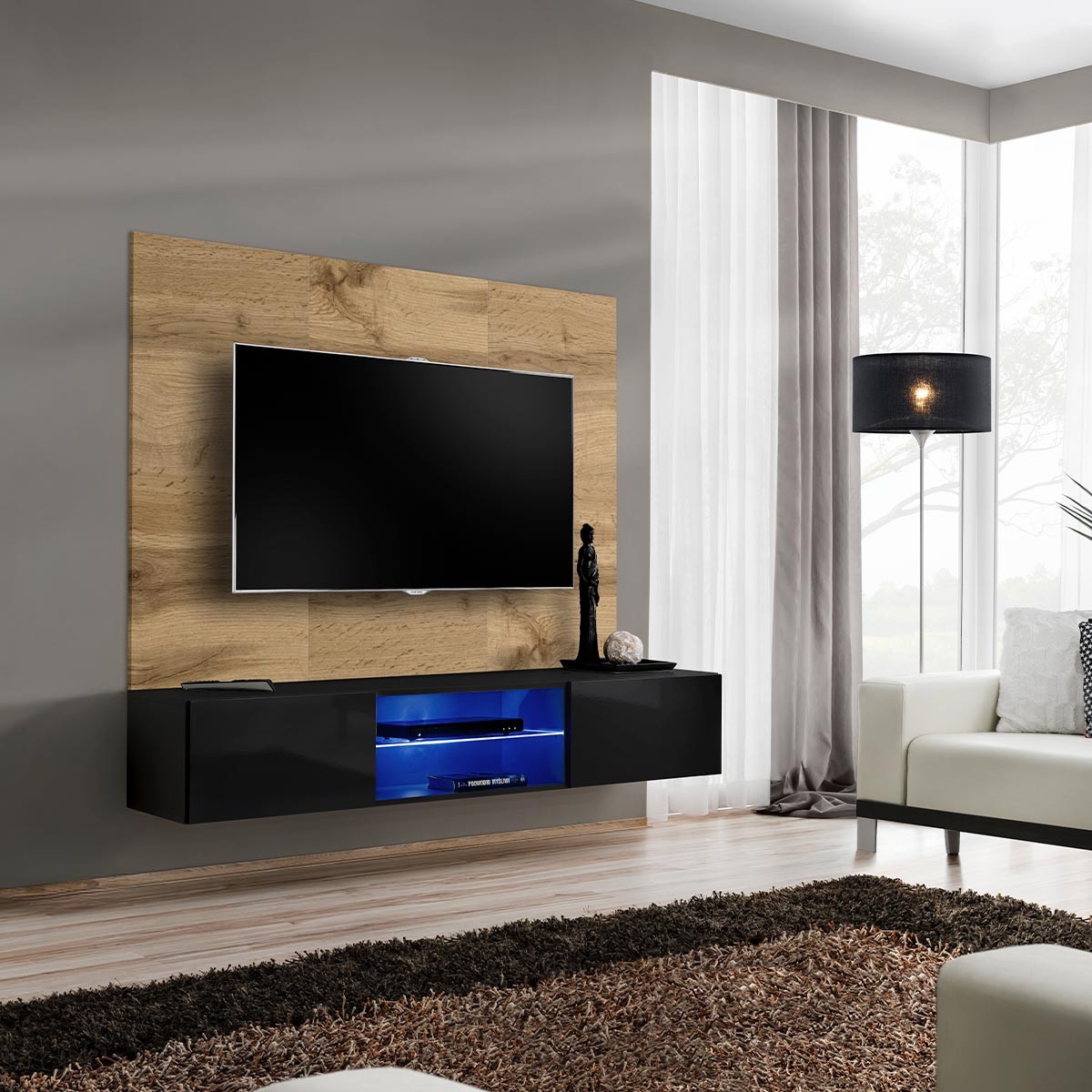 Meuble TV 180cm Switch noir et bois naturel à 2 portes