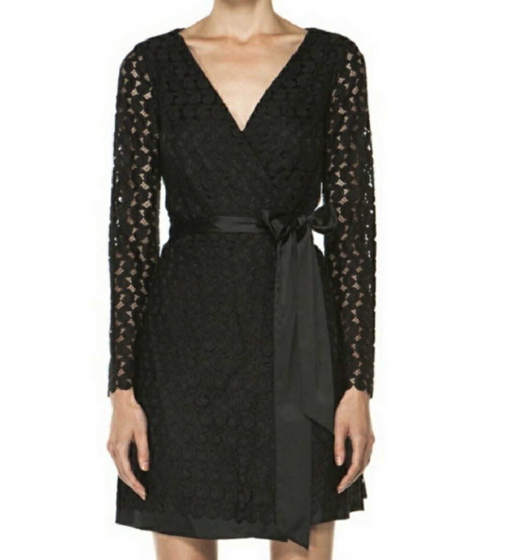 dvf black lace wrap dress Diane Von Furstenberg DVF Derbette Black Lace Wrap Dress - Size 2
