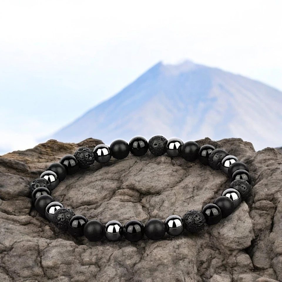 Bracciale in Pietra Lavica Nero Acciaio Argento Pietre Perle braccialetto Uomo - Immagine 2 di 4