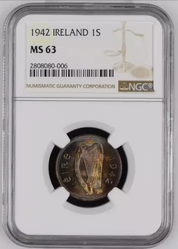 ✔ 1942 Ireland Silver Shilling NGC MS 63 Toned 1S